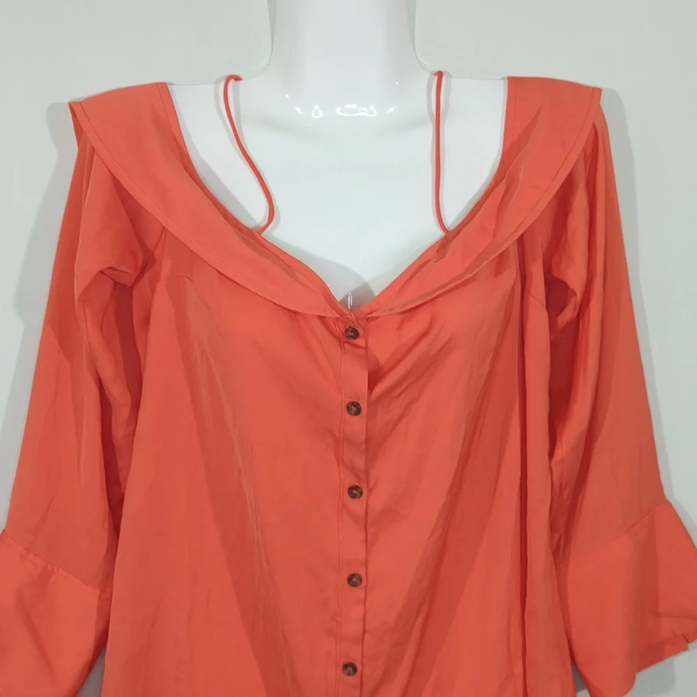 Free People Walk This Way Blouse Coral Off Shoulder Layered  Small‎ Peasant Boho
